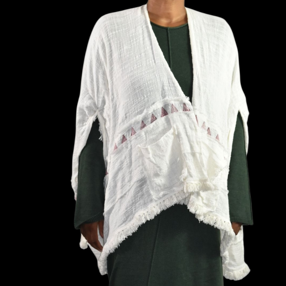 Free People Cotton Shawl Beige Fringe Kimono Textured Open Cardigan One Size